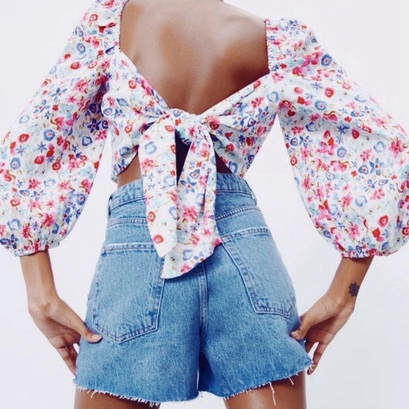Sz M Zara Linen Blend Floral Tie Back Puff Sleeve Cropped Blouse GUC - Picture 5 of 5